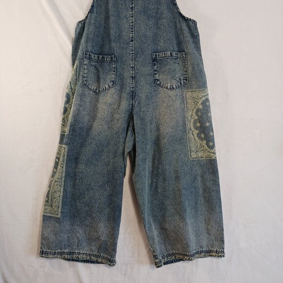 Easel, Oversized Overalls, Print Blue Denim, Distressed, Medium, Grunge, Cottage - Picture 13 of 16